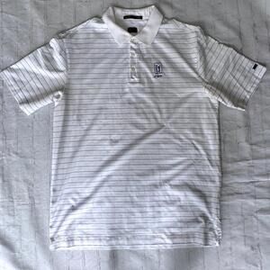 Vintage Toger Woods Nike Men's Golf Polo Shirt - White Blue Striped TPC Sawgrass